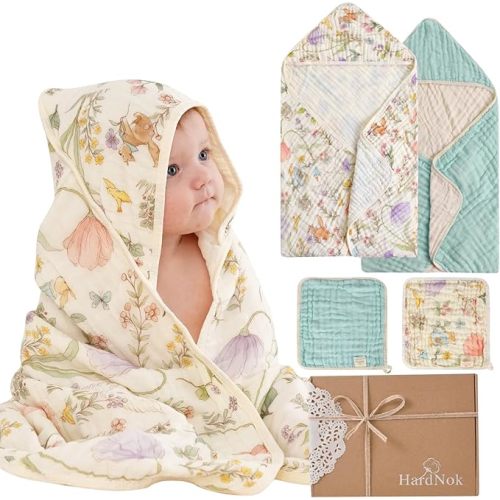 Muslin Baby Bath Towels Set Organic Cotton Blend (Garden Green) | 32x32" Towels & Washcloths, Reversible 6-Layer, Woodland Garden, Infant Beach Essentials, Baby Shower, Curated Gift Box
