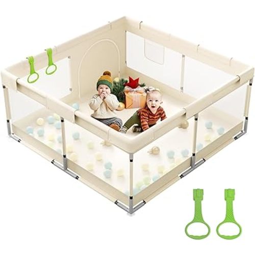Mloong Baby Playpen for Toddler Beige - 47x47 Play pen for Babies and Toddlers,Beige Baby Play Yard,Fence Play Area Activity Center,Corral Para Bebé