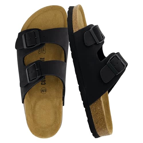 CUSHIONAIRE Lane Cork Footbed Sandals for Women – Comfortable Double Buckle Slip-On with Genuine Suede Footbed & Arch Support Slides for Women Footwear