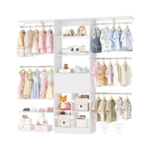 5FT Small Closet System, Baby Closet Organizer System with Wooden Drawers, 60 Inches Walk In Closet System With 5 Hanging Rods and 3 Reversible Hanging Shelving, White