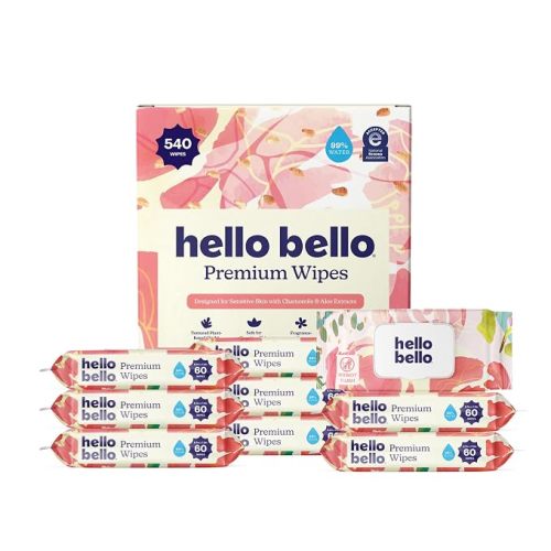 Hello Bello Premium Baby Wipes for Sensitive Skin, Hypoallergenic, Fragrance-Free, 99% Water with Chamomile & Aloe, Multi-Use, Rosy Posy, 9 Resealable Packets, 540 Wipes