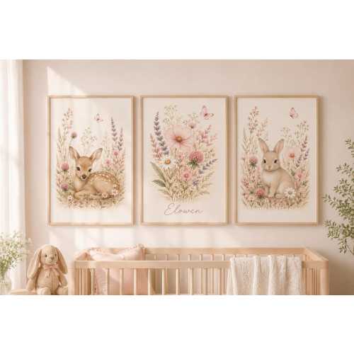 Personalized Wildflower Nursery Wall Art Set of 3, Woodland Baby Girl Nursery Decor, Pink Floral Bunny and Fawn Prints, Watercolor Triptych