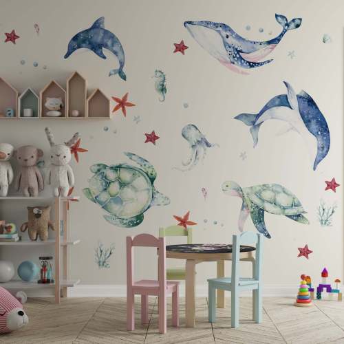 Whales and Turtles — Watercolor Nursery Wall Decal