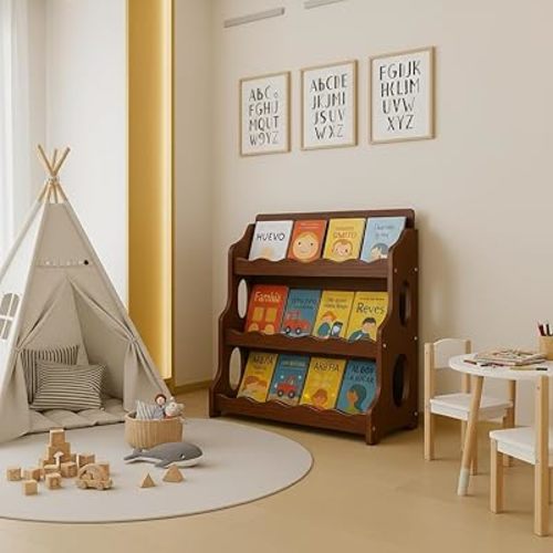 Kids Bookshelf Wooden Montessori Book Shelf Dutch Design 3Tier Scalloped,WalnutWood Pattern
