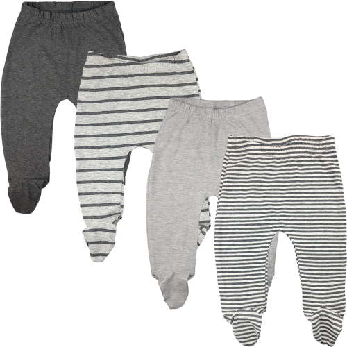 123 Bear Baby Soft Cotton Spandex Pants with Feet, Gray Stripe 4-Pack, Newborn