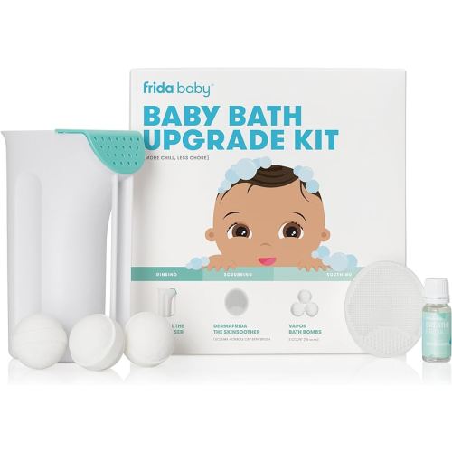 Frida Baby Baby Bath Upgrade Kit | Infant and Toddler Bath Essentials, Rinser Cup, Baby Bath Silicone Brush, Bath Bombs, Essential Oil Vapor Drops, white
