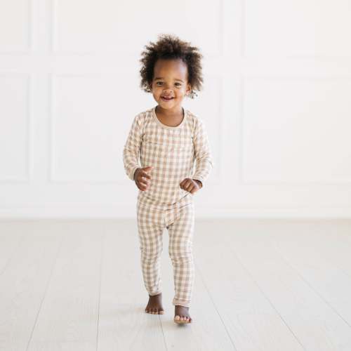 Long Sleeve Pajamas in Gingham Bisque