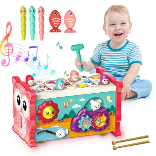 Flooyes Montessori Toys for 1 Year Old,Whack-A-Mole Hammering Pounding Toys with Pounding Bench, Fishing, Xylophone, Montessori Musical Toys for Toddlers 1 - 3 Years Old (Red)