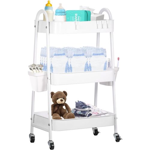 FOOK FISH Baby Diaper Caddy Cart Metal Nursery Storage Organizer 3-Tier Rolling Cart Organizer for Diapers and Baby Wipes Newborn Essentials Storage Cart (White)