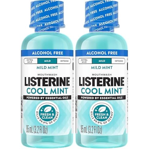 Listerine Alcohol Free Mouthwash, Less Intense Alcohol-Free Oral Care Formula for Bad Breath, Cool Mint Flavor, 3.2 fl. oz (Pack of 2)