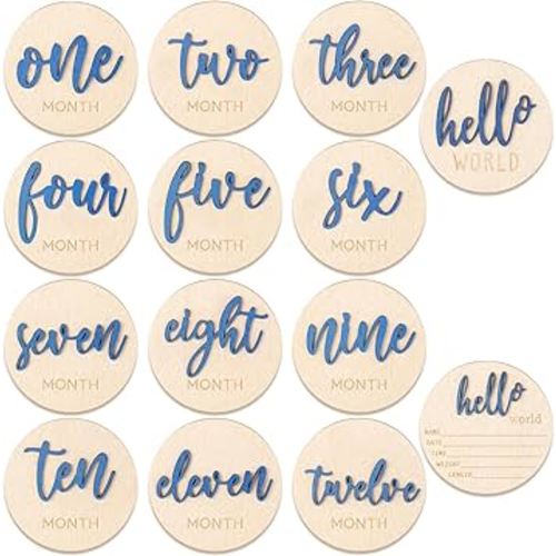 7 PCS Baby Monthly Milestone Wooden Signs 3D Girl Baby 1-12 Months Announcement Card Sign Wood Markers Disc Block Baby Keepsake Double Sided Engraved Keepsake Photo Prop (Dark Blue)