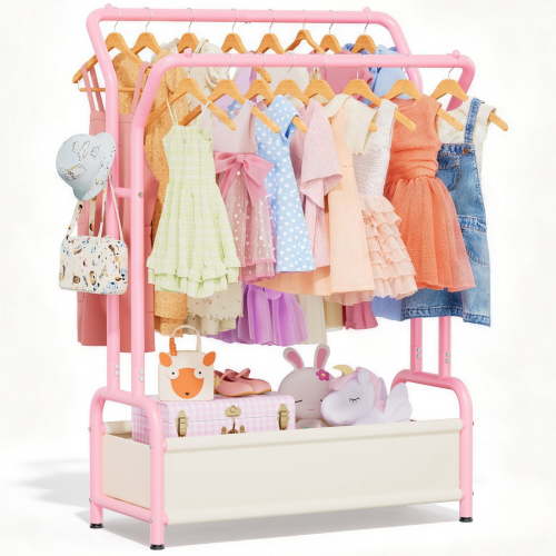 LZNIOZ Kids Clothing Rack Double Rod Clothes Rack with Bottom Storage Toddler Dress Up Rack, Pink