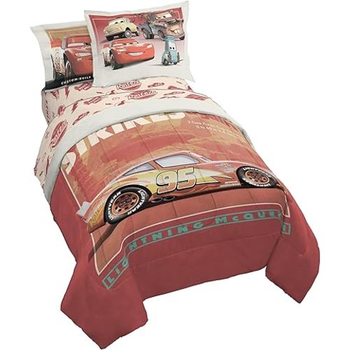 Jay Franco Kids Comforter Set Includes Sheets and Pillow Covers - Soft and Cozy Bed Set for Stylish Room Decor, Official Licensed Bedding, Red - Cars, 7 Piece Full