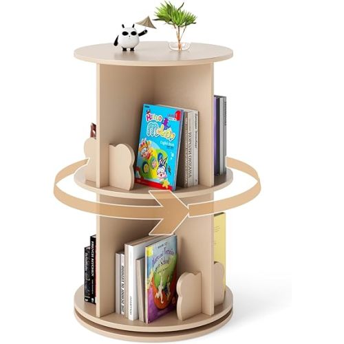 Costzon Kids Rotating Bookshelf, 2 Tier Small Book Shelf with Bookends, 360° Display Spinning Bookshelf Tower, Corner Bookshelf for Small Space, Kids Room, Bedroom, Nursery (Coffee)