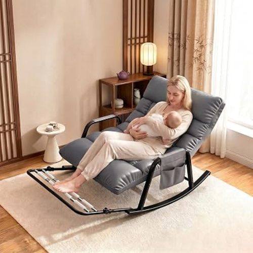 MIROIRRocking Chair Nursery -180° Adjustable Recliner/Lounge Chairs,with Foldable Footstool、Removable Waterproof Padding and Side Pockets,for Living Room Balcony Nursery Cozy Chair