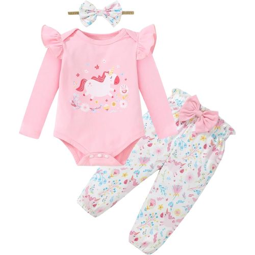 DISAUR Baby Girl Clothes Ruffle Romper Pants Headband 3PC Set 0-18 Months