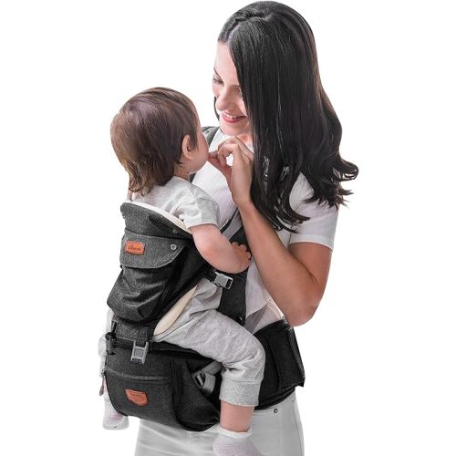 SUNVENO 3 in 1 Ergonomic Baby Carrier with Hip Seat for Newborns and Toddlers, Supports 20 lbs and Up, Waist and Back Relief with Large Weight Capacity for All Season Use,Black