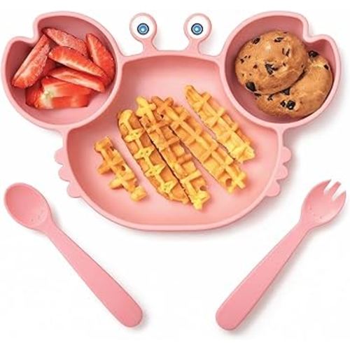 ROCCED Suction Plates for Baby, Silicone Plates with Suction Divided, Baby Spoon Fork Set for Toddler Baby Dishes Kids Utensils-Crab Pink