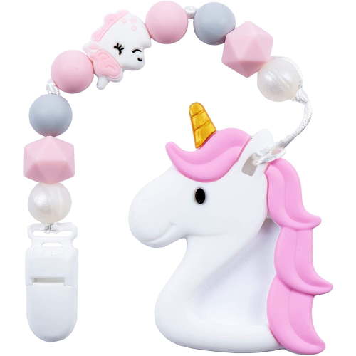 Kids Heroes Unicorn Silicone Chew-Proof Baby Teether Set with Holder Clip, Pink, 2 Pieces, 0-12 Months