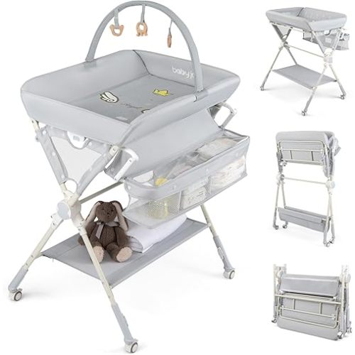 BABY JOY Portable Baby Changing Table, Foldable Diaper Changing Station with Wheels, Adjustable Height, Large Storage Rack, Removable Activity Arch, Mobile Nursery Organizer for Newborn Infant (Gray)
