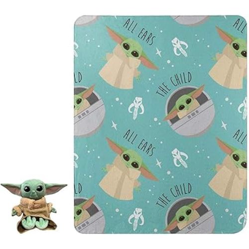 Star Wars The Mandalorian The Child Baby Yoda All Ears Character Pillow and Fleece Throw Blanket Set, 40" x 50"