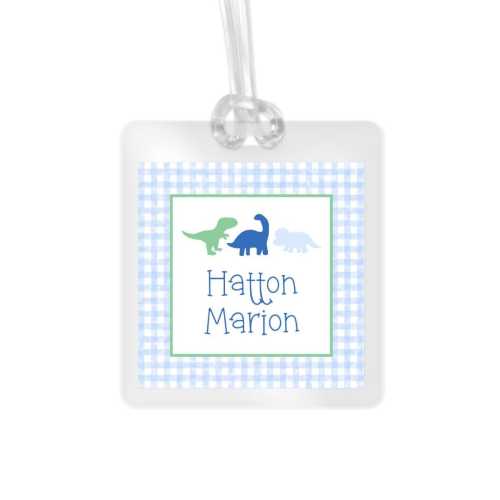 Personalized Dinosaur Bag Tag Blue Watercolor Gingham Back to School Backpack Tag Laminated Baby Boy Diaper Bag Tag Kid Tag Blue Green Dino