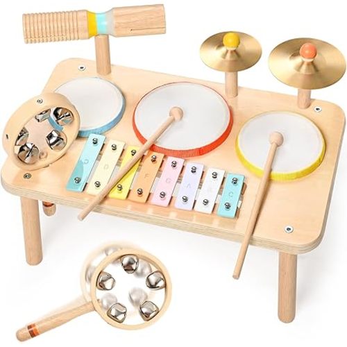 Kids Drum Set – 9-in-1 Montessori Toys for 1-3 Year Old & Wooden Musical Instruments for Toddlers, Baby Musical Toys with Drums, Xylophone, Helps Hand-Eye Coordination, Gift for 1-3 Boys Girls