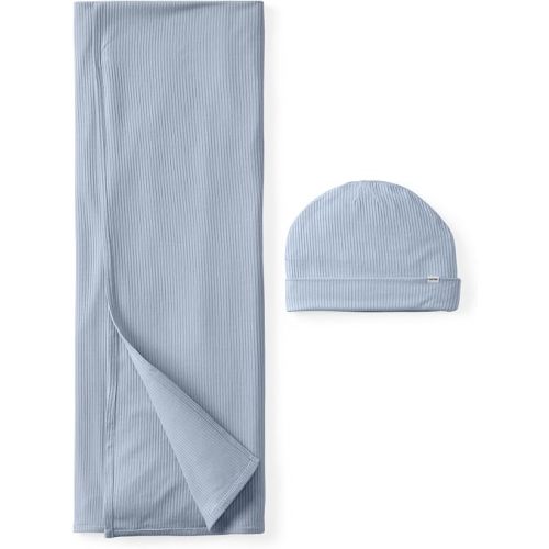 Little Sleepies Swaddle & Beanie Set, Viscose from Bamboo Baby Swaddle Blanket Wrap Unisex Newborn Hospital Outfit (Light Fog Ribbed)