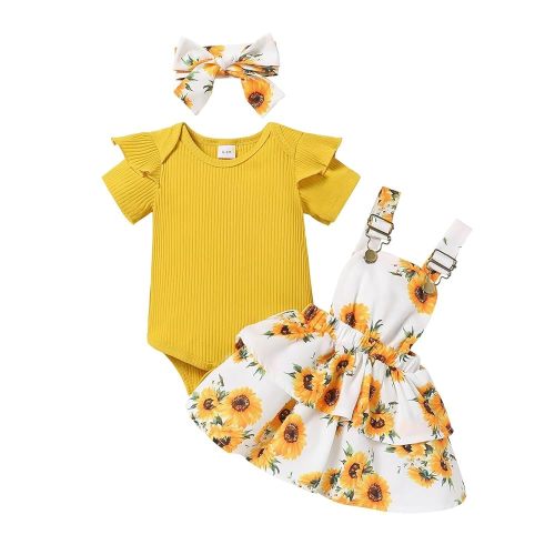 Baby Girl Clothes Cute Summer Outfits Short Sleeve Romper Adjustable Floral Overall Dress Headband 3PCS