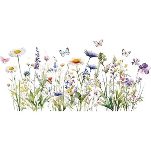 Wildflower Grass Daisy Wall Decals, Garden Floral Butterflies Flower Wall Stickers, BWCXXZH Self-Adhesive Wall Art Stickers for Girls Bedroom Living Room Nursery Decor