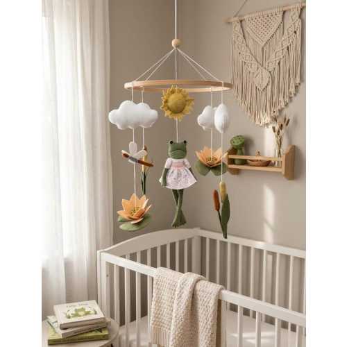 Handmade Frog & Lily Pad Felt Baby Mobile, Boho Forest Nursery Ceiling Decor