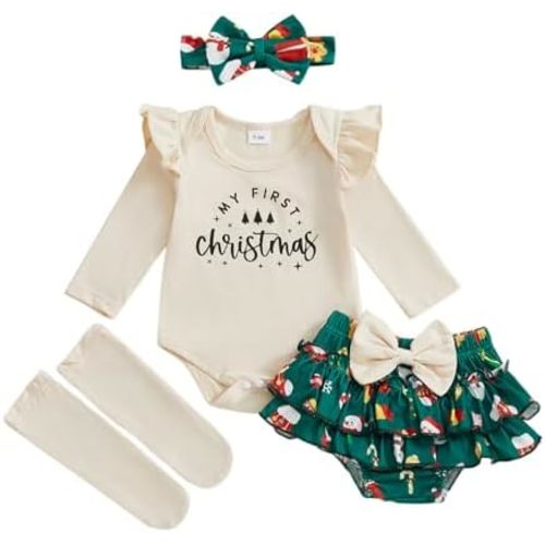 My First Baby Girl Christmas Outfit Long Sleeve Romper Plaid Skirt Shorts Headband Sets Newborn Christmas Clothes