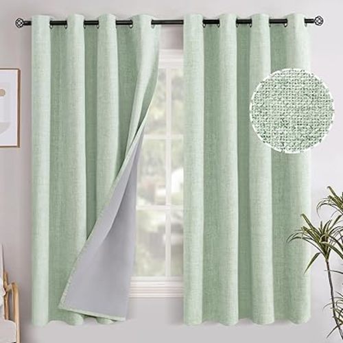 YoungsTex Green Linen Blackout Curtains 63 Inch Length for Bedroom, Sage Room Darkening Drapes with Grommet Privacy for Living Room Thermal Insulated, 2 Panels, 52 X 63 Inch
