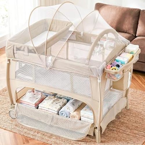 Kinder King Portable Pack and Play, Baby Playard w/Bassinet, Beige