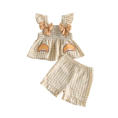 Loicainy Baby Toddler Girl Thanksgiving Outfit 3 6 9 12 18 24 Months Flying Sleeve Tops and Shorts 2Pcs Plaid Clothes Set
