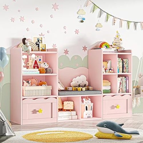 Kids Bookshelf with Reading Nook, Toy Storage Organizer, Pink