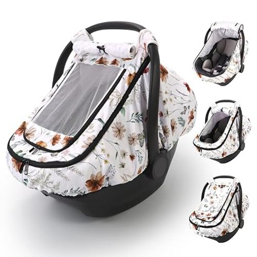 Car Seat Cover Baby Girls, Infant Car Seat Canopy Outdoor, 2 Layers with Mesh and Sun Shade Window for Summer Winter, Easy Access Carseat Covers Snug Fit Baby Stroller - Brown Wildflower