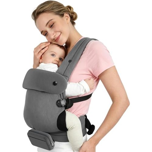 Ergonomic Baby Carrier Newborn to Toddler (7-44 lbs), Lightweight Infant Carrier with Windproof Cover & Bottle Bag, All-Position Toddler Carrier for Hands-Free Parenting