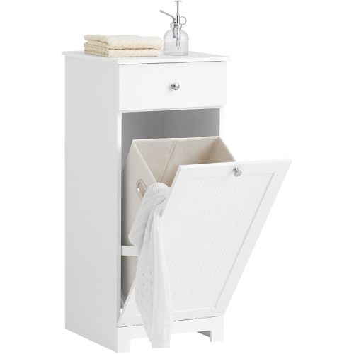 SoBuy Laundry Cabinet Bathroom Tilt-Out Hamper Unit with Drawer Hidden Basket Chest Bath Storage Cupboard, White BZR21-W
