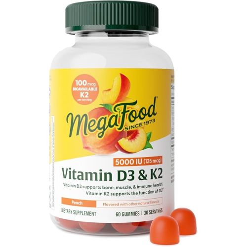 MegaFood Vitamin D3 K2, Bone, Muscle & Immune Health, Peach, 60 Gummies