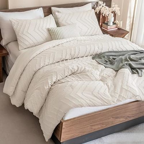 Andency King Size Comforter Set Beige, 3 Pieces Boho Soft Cream Bedding Set
