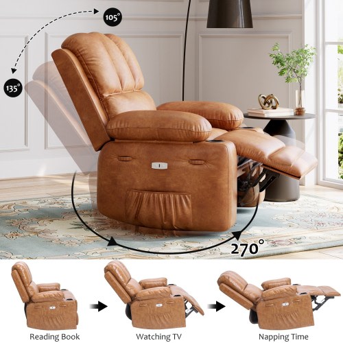 360° Swivel Massage Recliner Chair with Heat & USB Port, Manual Lazy Rocking Recliner with Cup Holder in PU Leather