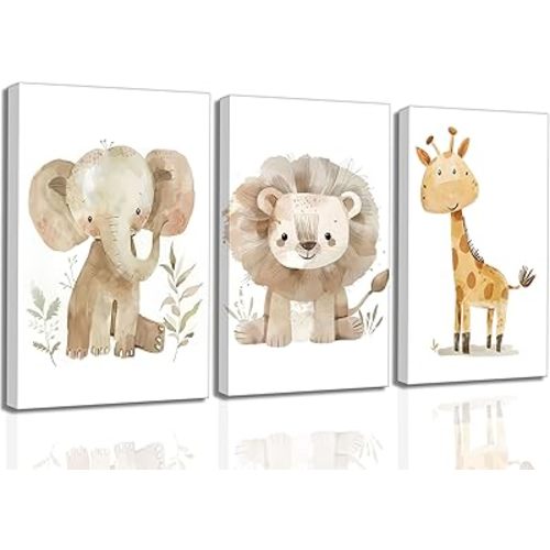 UNDDISINS 3 Pcs Animal Nursery Canvas Wall Art Watercolor Baby Animals Painting Picture Wall DecorCute Elephant Giraffe Lion Nursery Paintings Artwork for Kids Room Baby Girl Room Home Decoration