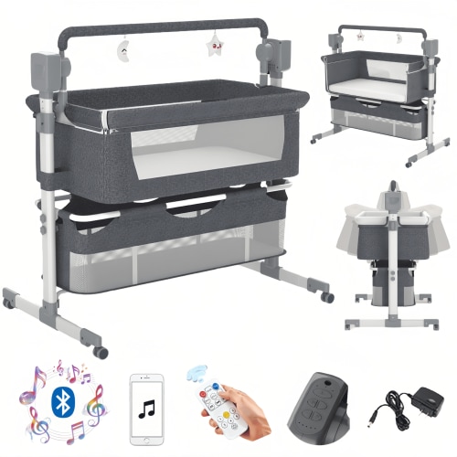 EaseBaby Electric Baby Bassinet & Bedside Sleeper with Bluetooth music and 3-Level Height Adjustment,Unisex,GREY
