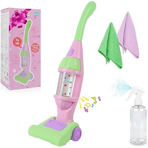 Kids Vacuum Cleaner Toy, Pink, Pretend Play Household Housekeeping Cleaner with Lights & Sounds, Includes Vacuum, Sprayer Bottle & 2 Cleaning Cloths, Age 3+
