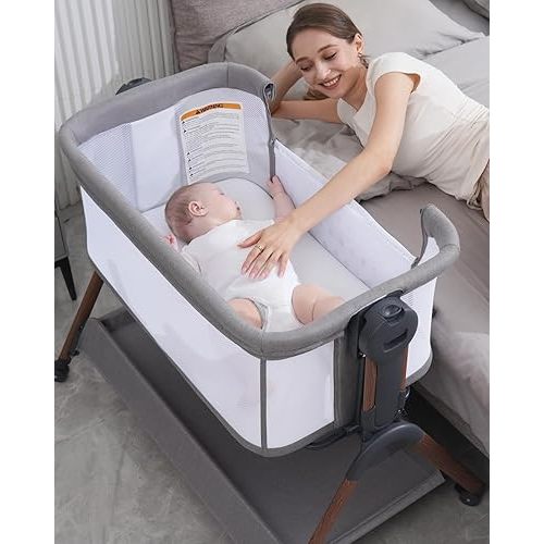 Baby Bassinet - Bassinet Bedside Sleeper,3-in-1 Bedside Bassinets for Baby,Rocking Bassinet with Mattress,Wheels,All Mesh Sides& Storage,6 Height Adjustable Crib,ASTM Certified(Mesh Grey)