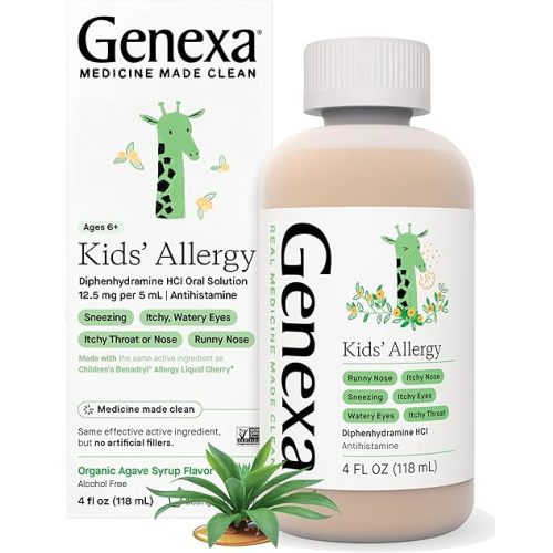 Genexa Kids' Allergy Medicine Liquid | Antihistamine Multi Symptom Childrens Allergy Medicine | Delicious Organic Agave Flavor | Certified Vegan, Gluten-Free & Non-GMO | 4 Fluid Ounces