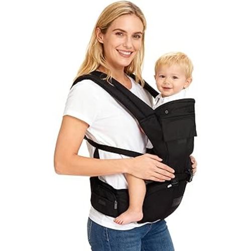 Baby Carrier Newborn to Toddler, 6-in-1 Baby Carrier with Hip Seat Lumbar Support 7-45lbs, Baby Soft Carrier for All Seasons & Positions, Adjustable Size for Shopping Hiking Travelling Black