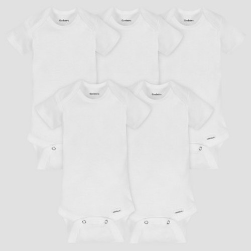 Gerber Organic Short Sleeve Solid Onesies Bodysuits (5 Pack) - White, 0-3 M