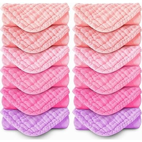 MOON PARK Baby Washcloths, 12 Pack - 12x12 Inches, Small Burp Cloths and Baby Wipes - 100% Cotton Muslin Ultra Soft for Newborn, Infant and Toddlers - Pink, Purple and Sakura Series